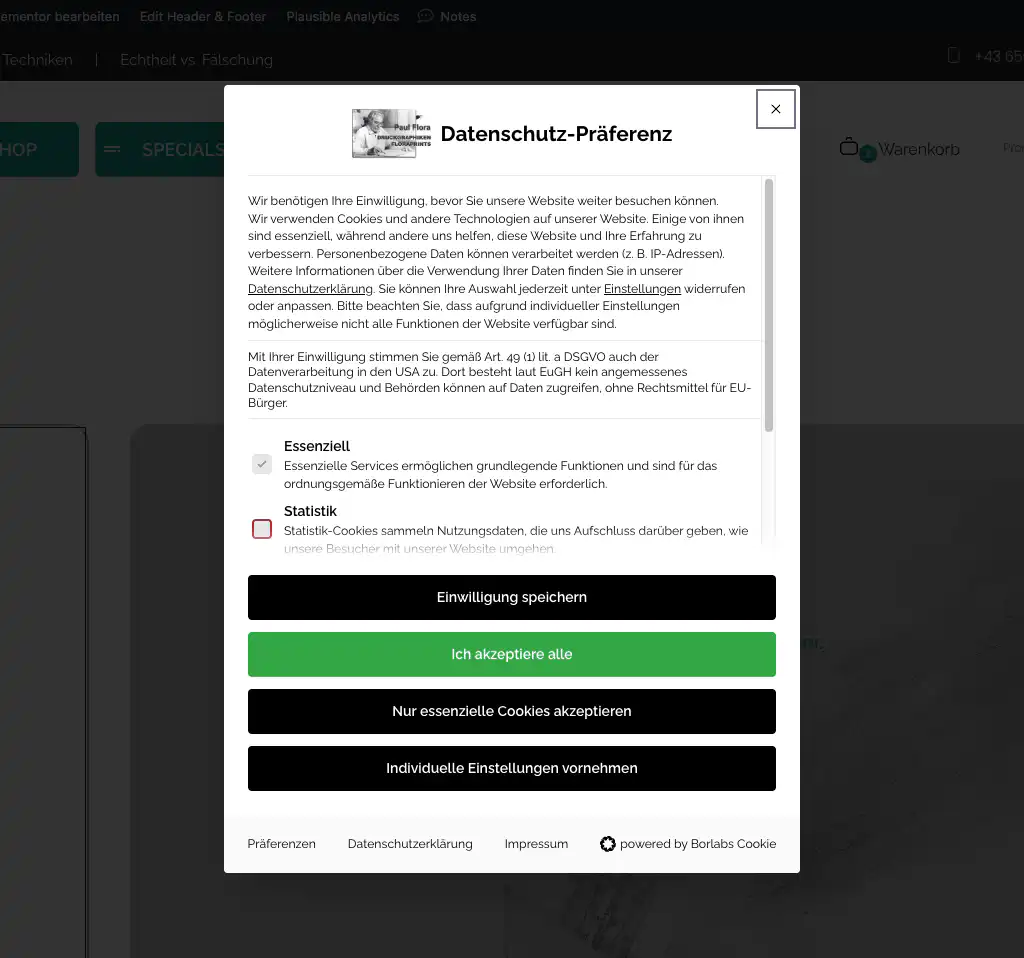 Screenshot Cookie Consent mit Borlabs in einem Webshop