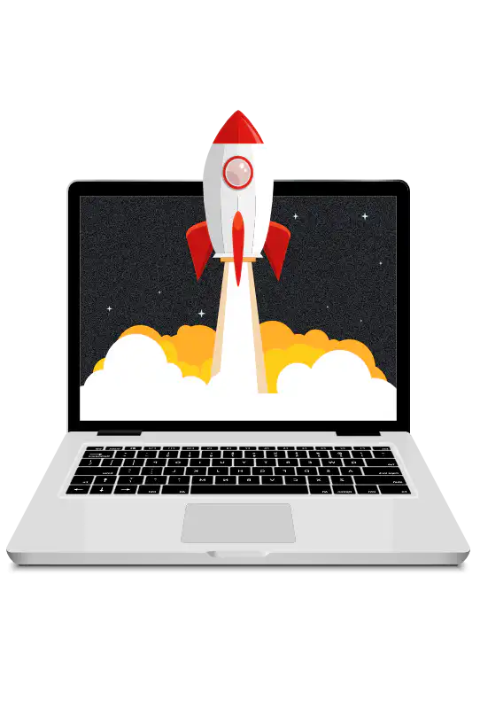 Illustration einer Rakete, die auf einem Laptop-Screen empor steigt, freigestellt, Spitze der Rakete ragt über den Bildschirm hinaus - das zentrale Motiv von screenfire Webservices soll Erfolg und Innovationskraft auf digitalen Kanälen symbilisieren