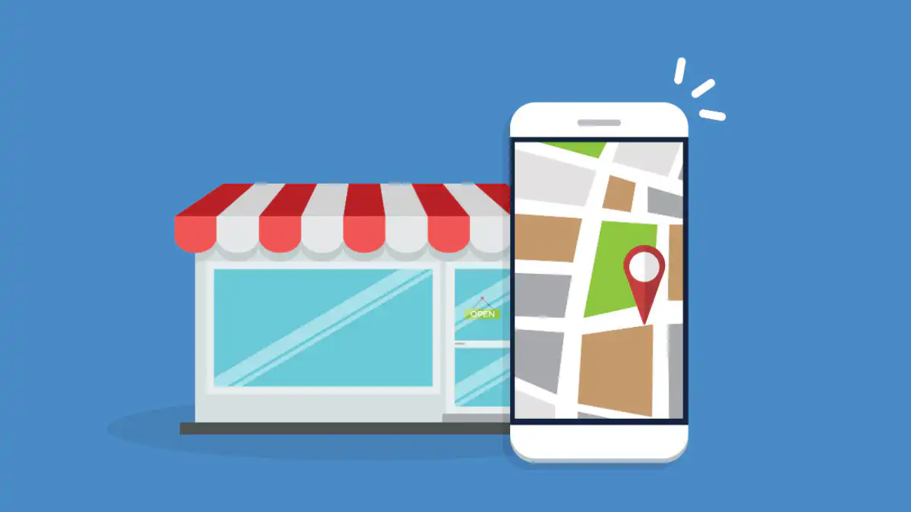 Google Business Optimierung für lokale Unternehmen, Illustration im Flat Style links lokales Businss, rechts Smartphone mit Location Pin