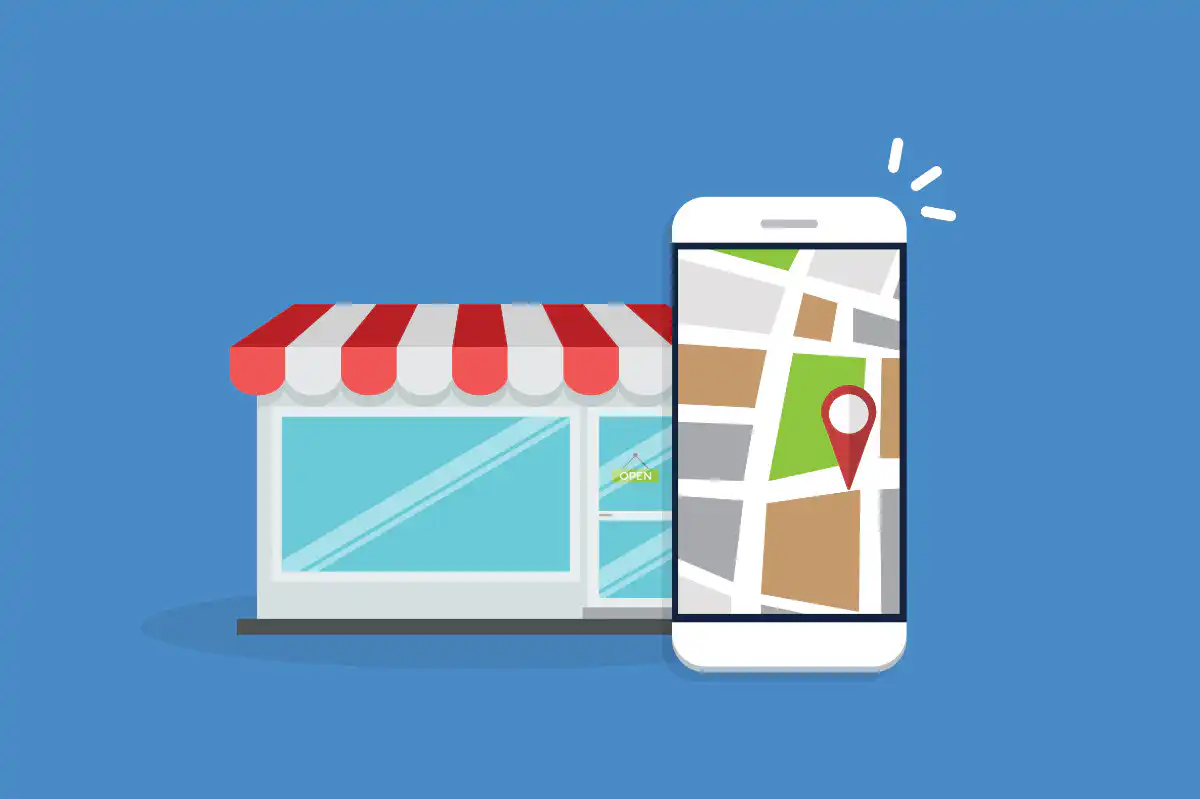 Google Business Optimierung für lokale Unternehmen, Illustration im Flat Style links lokales Businss, rechts Smartphone mit Location Pin