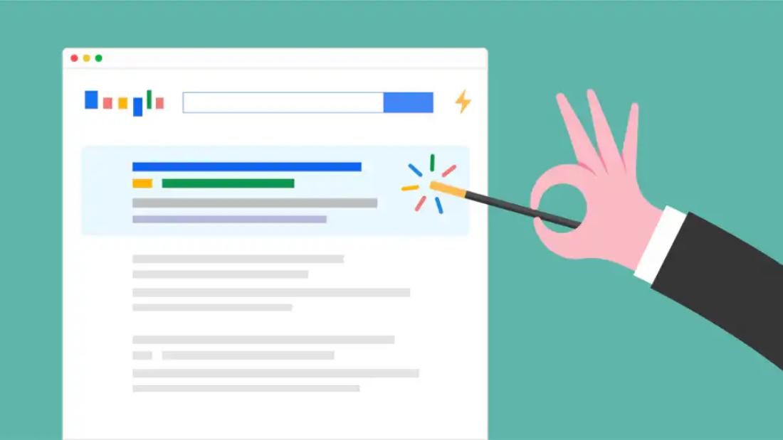 Google Rankingfaktoren Illustration, Hand bedient mit Zauberstab Google SERPs und klickt auf Position 1 obene´