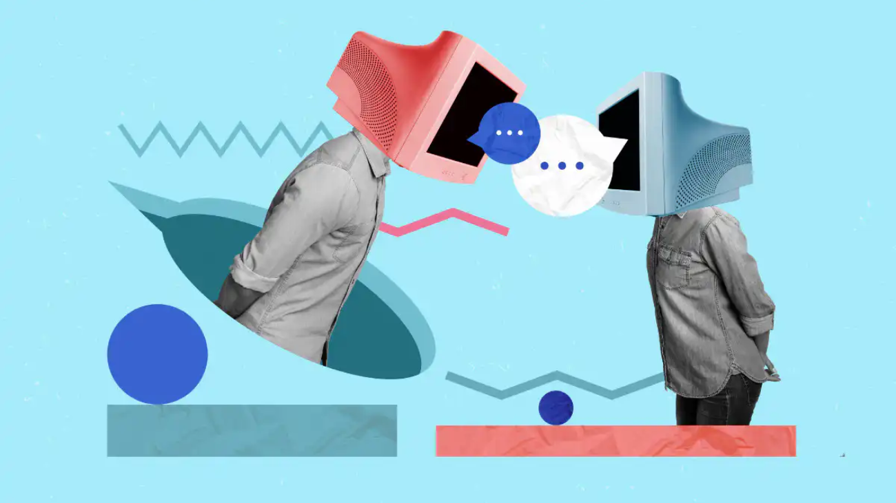 Vintage Digitale Werbung als Illustration, 2 Personen mit Röhrenmonitor als Kopf diskutieren miteinander