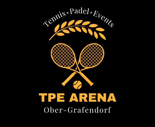 TPE Arena Projekt Logo und Branding, 2 Tennisschläger überkreuzt, oben Lorbeerkranz, unten Schrift TPE Arena Ober-Grafendorf