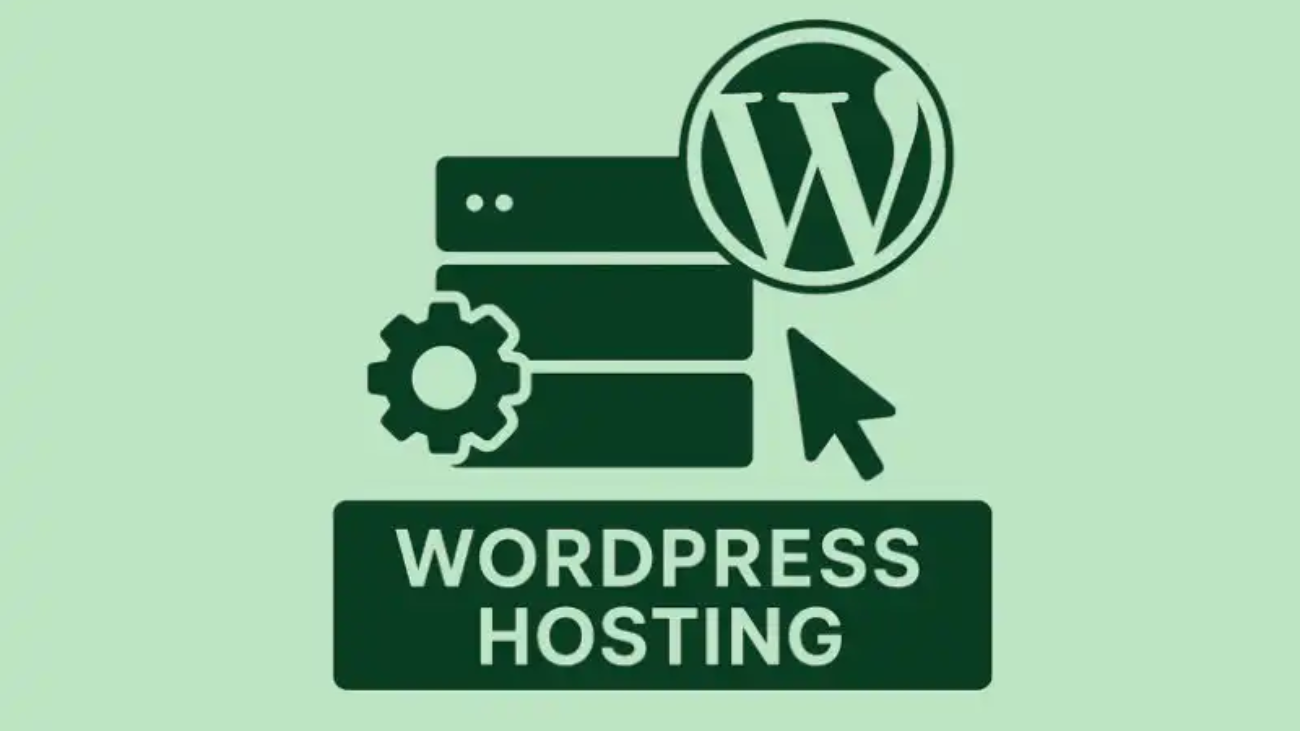 Hellgrüner Hintergrund mit grüner Grafik, WordPress Hosting mit WP-Logo und Beschriftung darunter