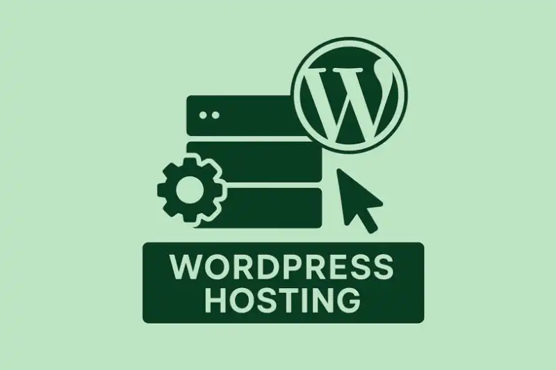Hellgrüner Hintergrund mit grüner Grafik, WordPress Hosting mit WP-Logo und Beschriftung darunter