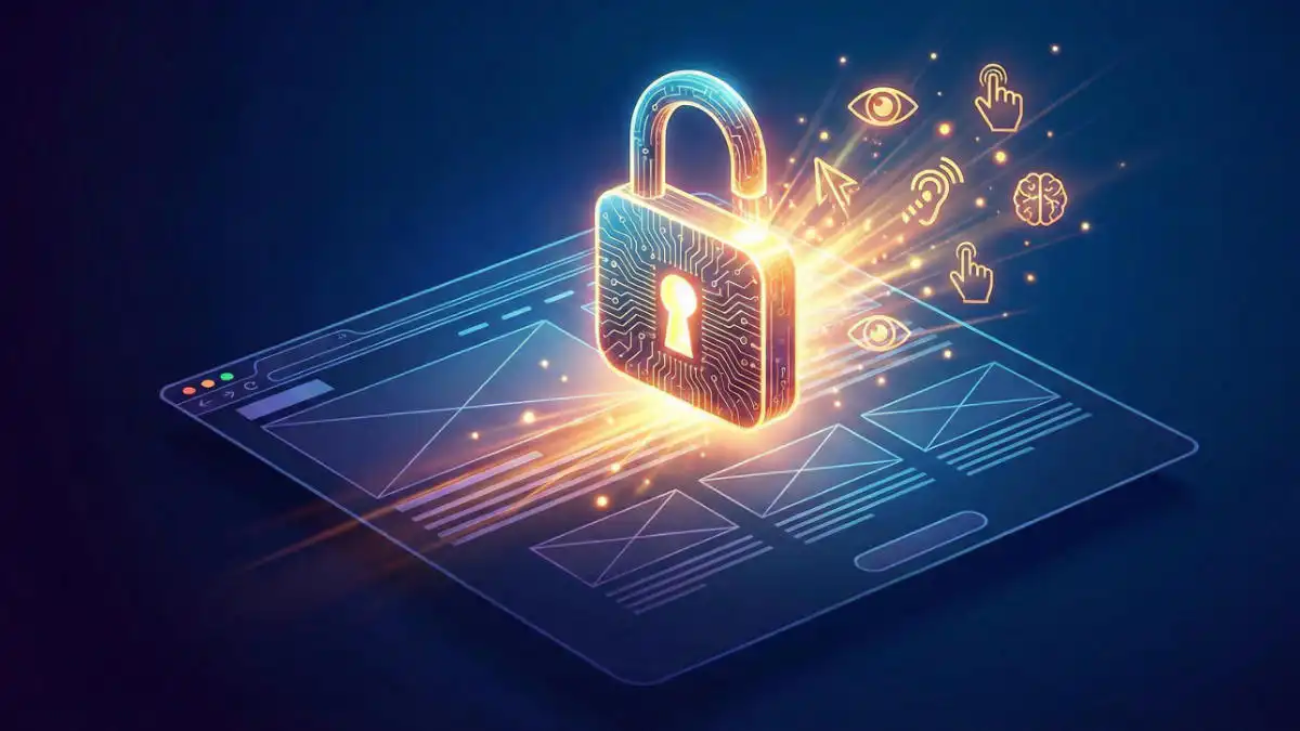 Illustration: Ein digitales, leuchtendes Schloss öffnet sich und sendet Lichtstrahlen mit Icons für Seh-, Hör- und Bedienhilfen über ein Website-Wireframe. Websites für ALLE öffnen. EAA & WZG 2025.