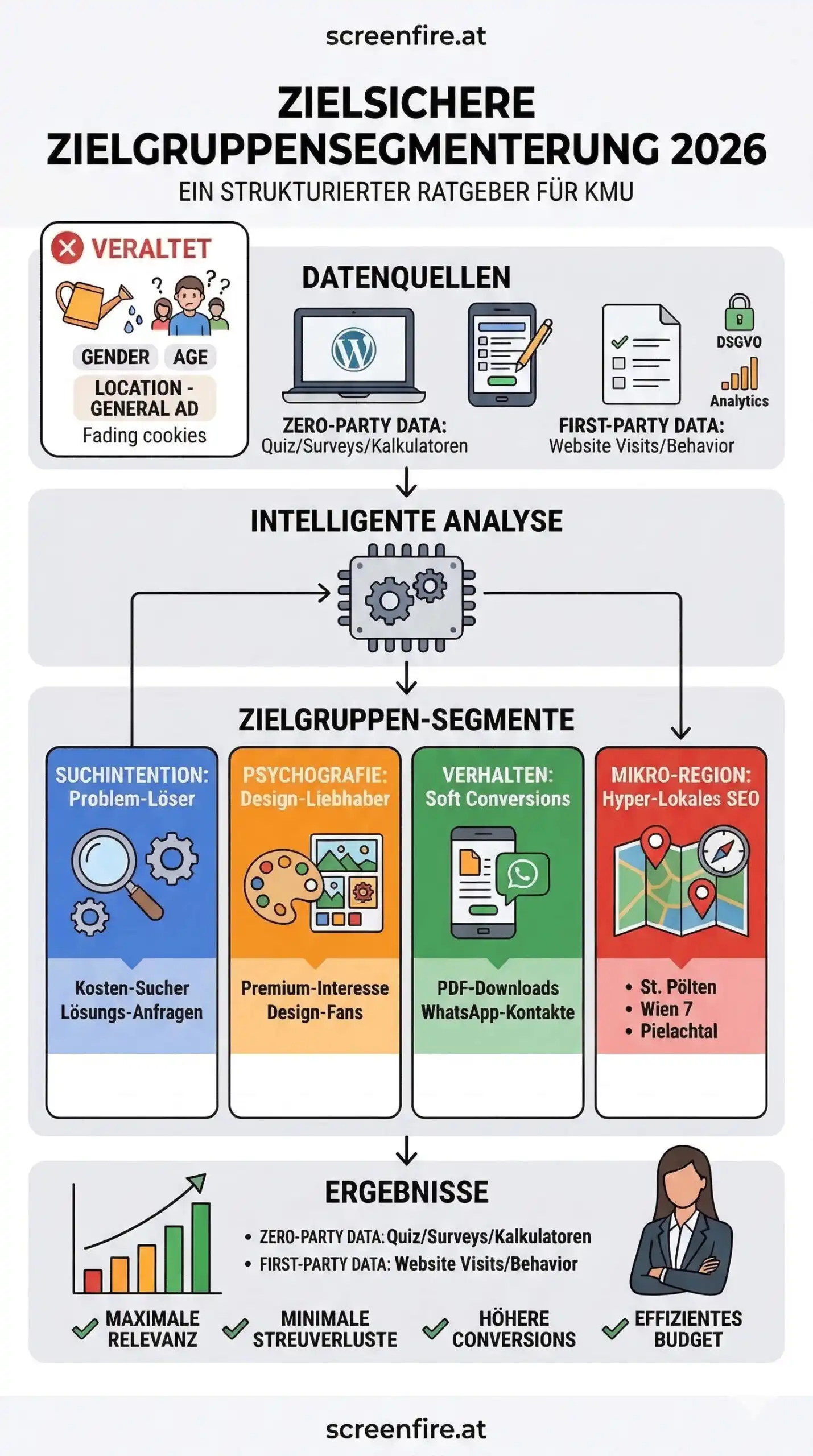 Zielsichere Zielgruppensegmentierung 2026 für KMU. Zeigt den Wechsel vom veralteten Gießkannen-Marketing hin zur intelligenten Analyse nach Suchintention, Psychografie, Verhalten und lokaler Mikro-Region für höhere Conversions.