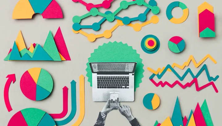 Collage: Services im Online Marketing wie Webdesign, Ads Kampagnen, Social Media und SEO samt Statistik-Auswertung (Reporting, Monitoring) - Bildmontage in modernen Farben